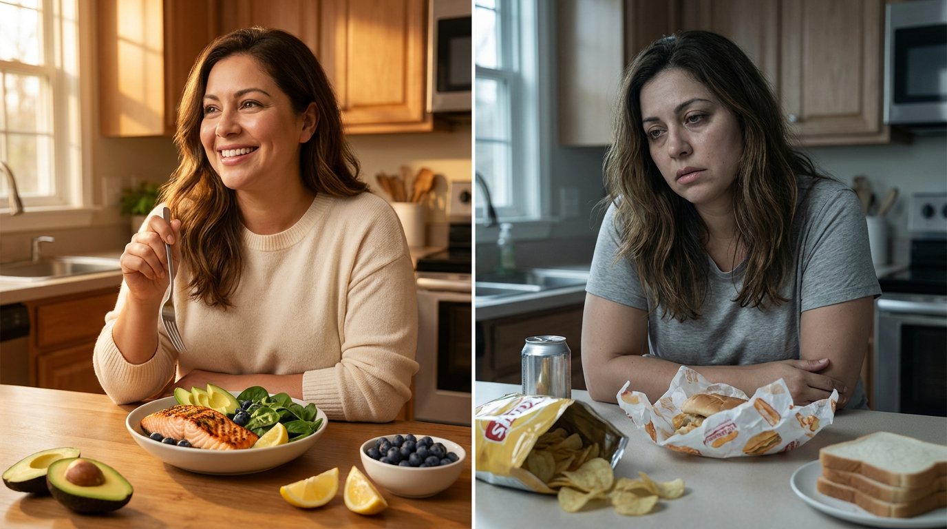 Two kitchen scenes — eating for hormonal balance vs. eating processed foods