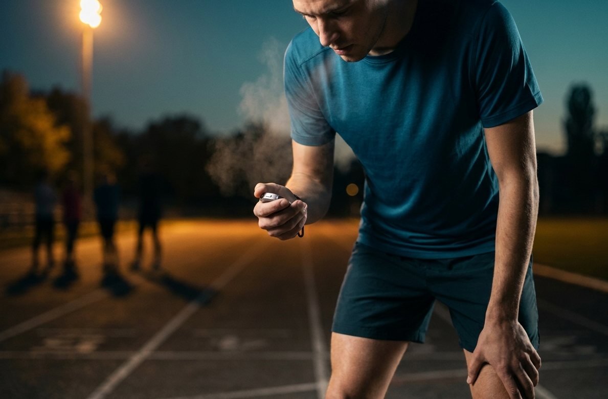 Runner checking a stopwatch at dusk